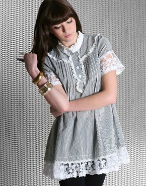Yumi Boutique Ticking Stripe Lace Edge Smock Dress
